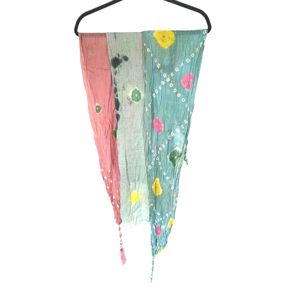 Vintage 3 Boho Bandhani Tie Dye Tassel Scarves Pink Teal Grey Lightweight Fringe